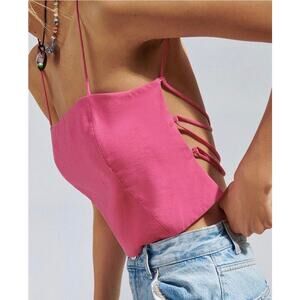 ZARA Flowy Crop Top Square Neck Spaghetti Strap Lace Up Open Back Tank Top Pink